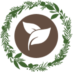 Logo marron sur fond blanc d'une petite plante et d'une couronnes de feuilles